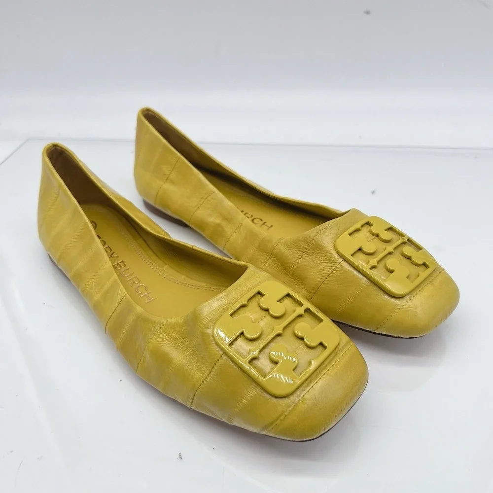 Tory Burch Georgia Women's Ballet Flats Square Toe Logo Yellow Leather US 6.5